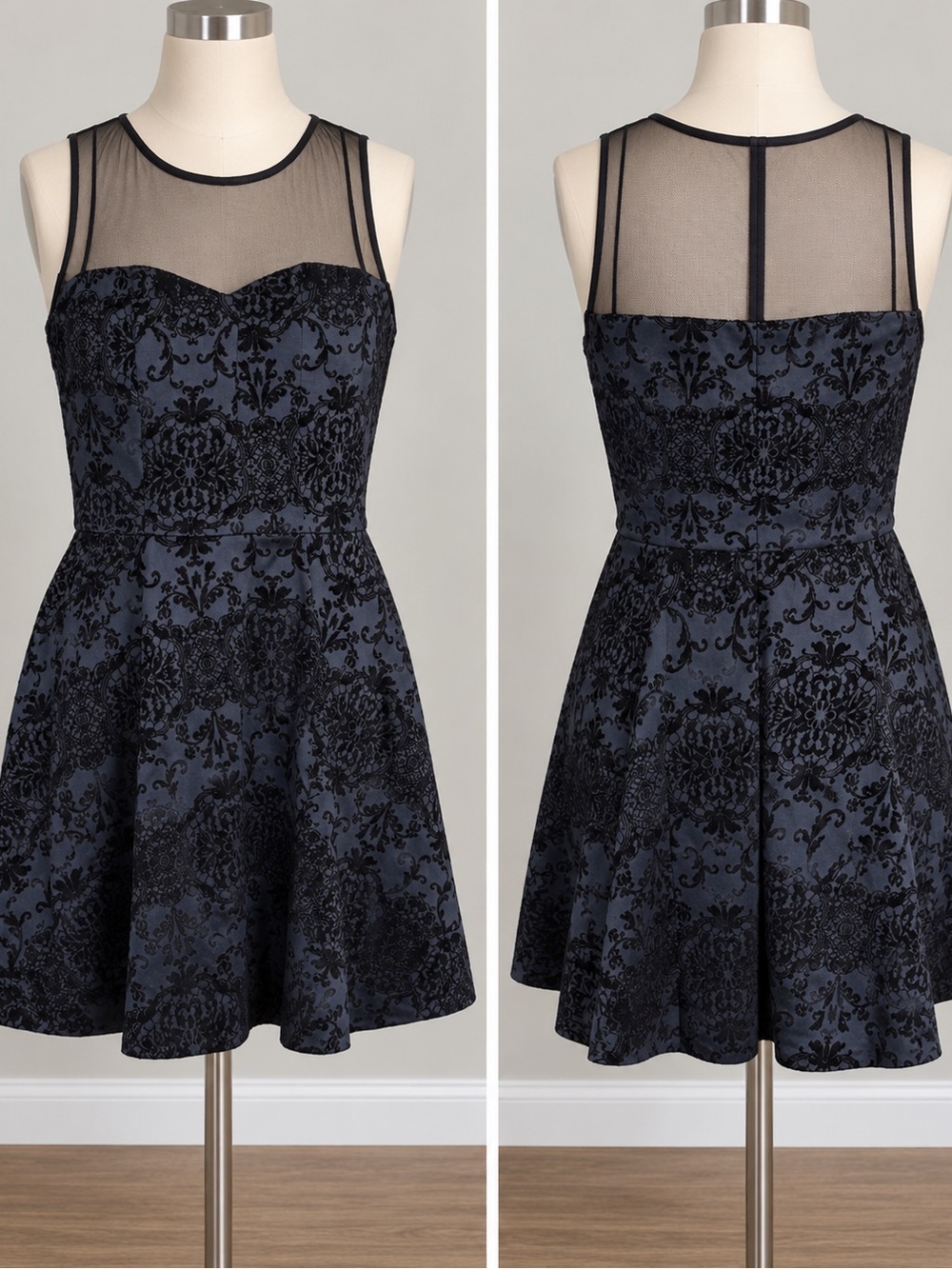 Three Hearts Navy Dress with Black Burnout Floral and Sheer Mesh Yoke